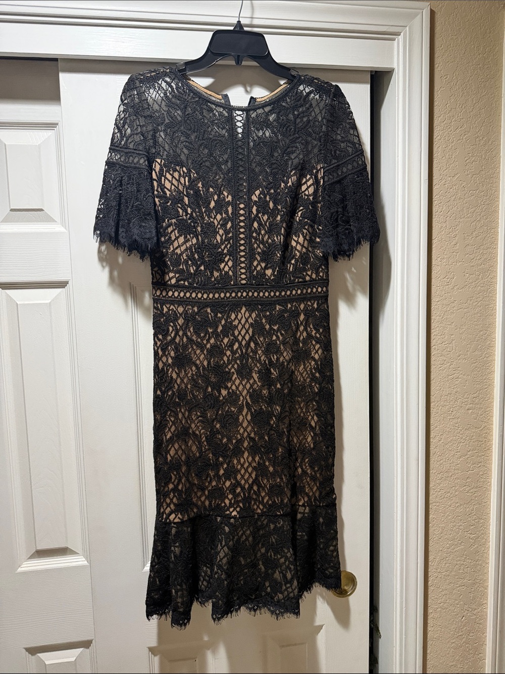 Tadashi Shoji Black Lace Midi Dress with Nude Lining